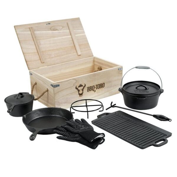 BBQ-Toro Grilltopf 8-tlg. Dutch Oven Set in Holzkiste, Gusseisen, bereits eingebrannt, Gusseisen (8-teiliges Dutch Oven Set in Holzkiste, 8-tlg)